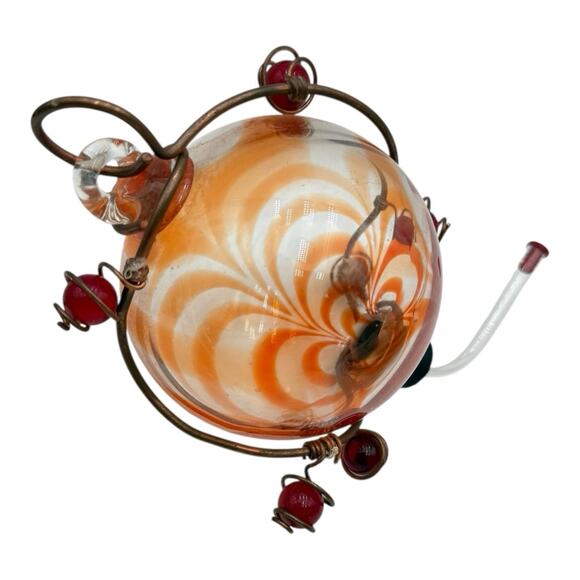 Orange Swirl Blown Glass Copper Hanger Hummingbird Feeder Runner Stopper EUC - Picture 2 of 5